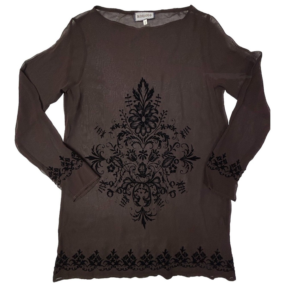 Italian VTG 90s Brown Sheer Tunic Velvet Small Floral Top Burnout Whimsigoth EUC